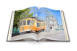 3D render of an opened photobook with typical transport vehicle