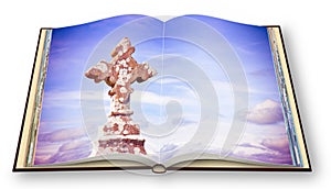 3D render of an opened photobook  on white background with celtic carved stone cross