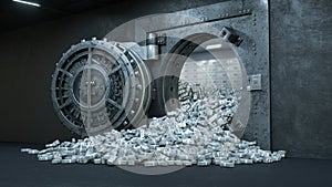 3d render Opening Of The Vault Door In Bank with a lot of money