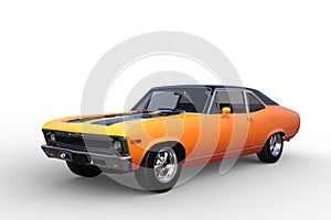 3D render of an orange retro American muscle car isolated on white