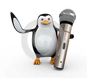 3d render of penguin holding large microphone