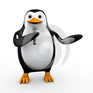 3d render of penguin holding microphone