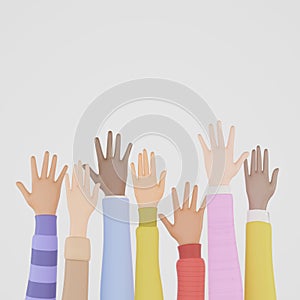 3D render of people of different nationalities raising hands in the air