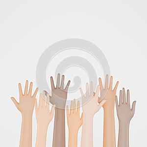 3D render of people of different nationalities raising hands in the air