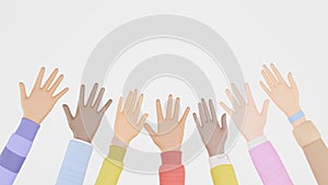 3D render of people of different nationalities raising hands in the air