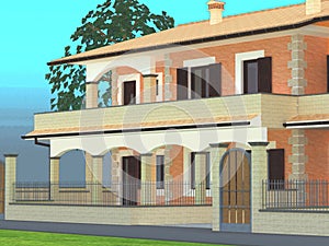 3d Render Perspective view of house with light blue background