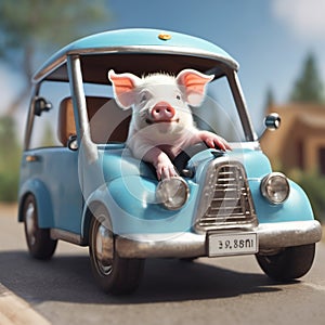 3D render of pig wearing human clothing and driving a car