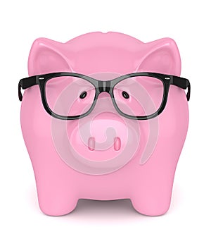 3d render of piggy bank with glasses over white