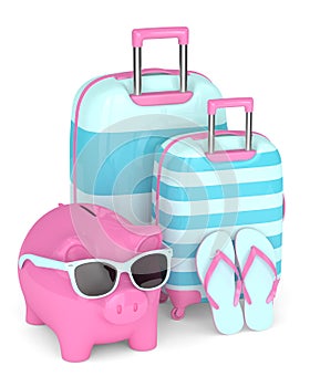 3d render of piggy bank with suitcases and flip flops