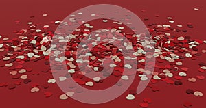 3D render of a pile of red and cream love hearts scattered on red background