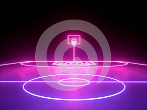 3d render, pink blue glowing neon light, basket on basketball field scheme, virtual sport playground, sportive game