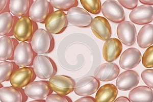 3d render of pink and gold easter egg wreath on a gossamer pink background