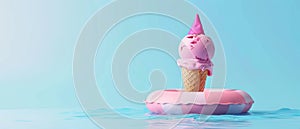In this 3D render, pink ice cream melts on a pastel blue background with a swimming ring. This is a creative idea for a