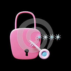 3D Render Of Pink Lock With Passkey Against Black