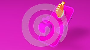 3d render. Pink phone and like heart icons on pink background