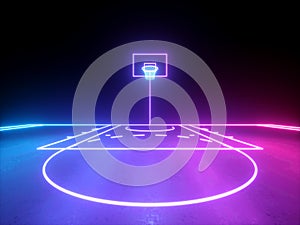 3d render, pink violet blue glowing neon lines, frontal view of the basketball basket, sportive game virtual playground