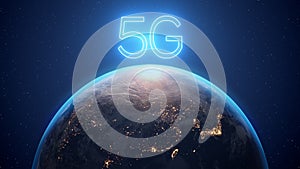 3d render of planet Earth, over it the message 5G