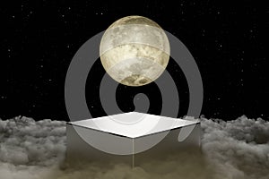 3d render platform and Natural podium background on the high clouds with moon at night for product display, Blank showcase, mock