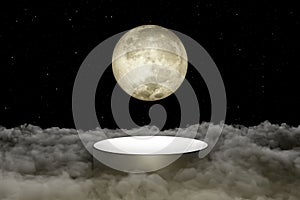 3d render platform and Natural podium background on the high clouds with moon at night for product display, Blank showcase, mock