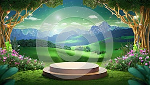 3d render of podium and fantasy landscape background