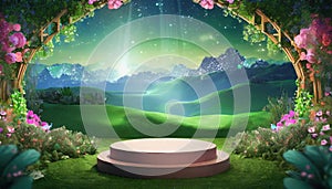 3d render of podium and fantasy landscape background