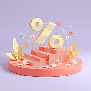 3D render podium with percent sign, representing sale event