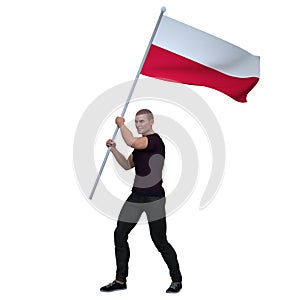 3D Render : a Polish man is holding and waving the Poland Country flag to cerebrate an important event