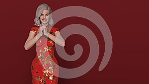 3D Render : Portrait of caucasian woman in traditional cheongsam chinese dress with gesture of congratulation on chinese new yea