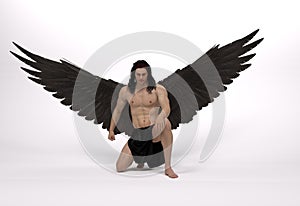 3D Render : the portrait of a male angel kneel down  in the white background