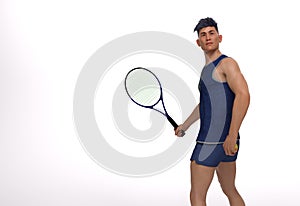 3D Render : The portrait of male tennis player standing in the white background studio