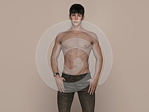 3D Render : Portrait of a shirtless young handsome asian man in green T-shirt and jeans