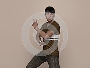 3D Render : Portrait of a smiling young handsome asian man in brown T-shirt and jeans
