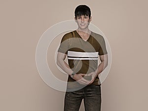 3D Render : Portrait of a smiling young handsome asian man in brown T-shirt and jeans