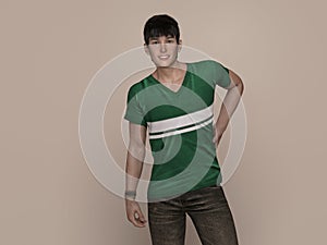 3D Render : Portrait of a smiling young handsome asian man in green T-shirt and jeans