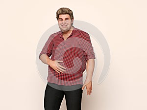 3D Render : Portrait of standing  endomorph overweight male body type with smiling gesture