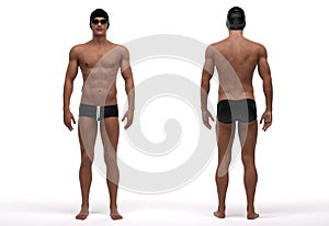 3D Render : The portrait of a swimmer in swimsuit with goggle and cap standing in the studio