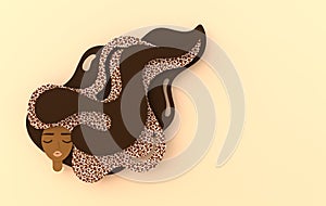 3d render portrait of young beautiful black woman with long  hair, jaguar cat print. Modern digital paper layered art. Origami