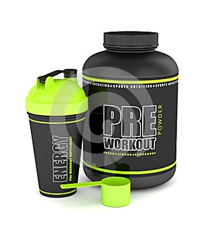 3d render of pre-workout powder with shaker and spoon