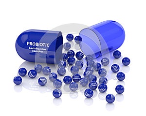 3d render of probiotic pill with granules over white