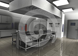 3d render of professional restaurant kitchen inter