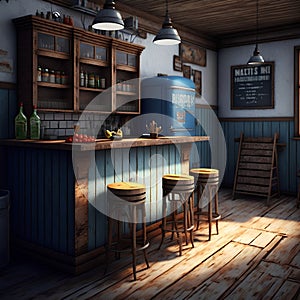 3d render of a pub interior with bar counter and wooden chairs