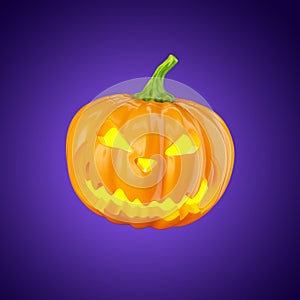 3d render, pumpkin with scary face carved. Jack o`lantern character. Halloween clip art isolated on violet background