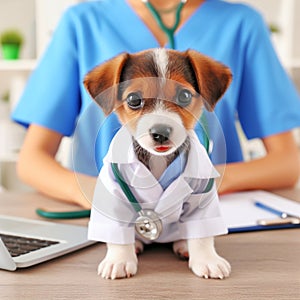 3D render of puppy wearing health worker\'s uniform