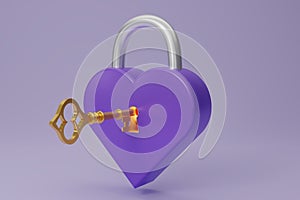 3D render purple metal heart-shaped Padlock icon with gold key isolated on purple background. Minimal magenta lock with a golden