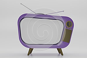 3D render purple Vintage Television Cartoon style isolate on white background. Minimal Retro TV. Purple analog TV with copy space
