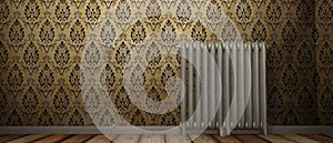 3D render of a radiator on a wood floor and against a damp wall