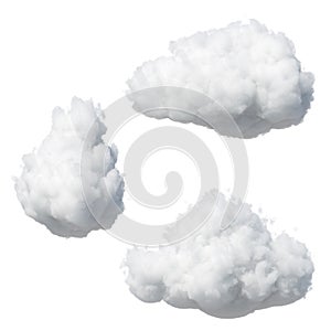 3d render. Random shapes of abstract cotton clouds. Cumulus different views clip art isolated on white background.