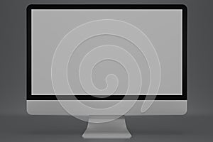 3D render Realistic computer monitor isolated on gray background. White display computer with aluminium body. Front view. 3D