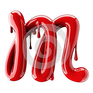 3D render of red alphabet make from nail polish. Handwritten cursive letter M. Isolated on white