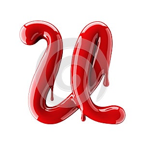 3D render of red alphabet make from nail polish. Handwritten cursive letter U. Isolated on white